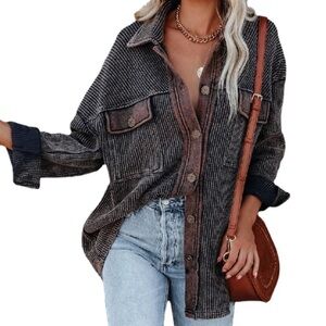 Vici Navy Brown Washed Waffle Thermal Shacket Shirt S